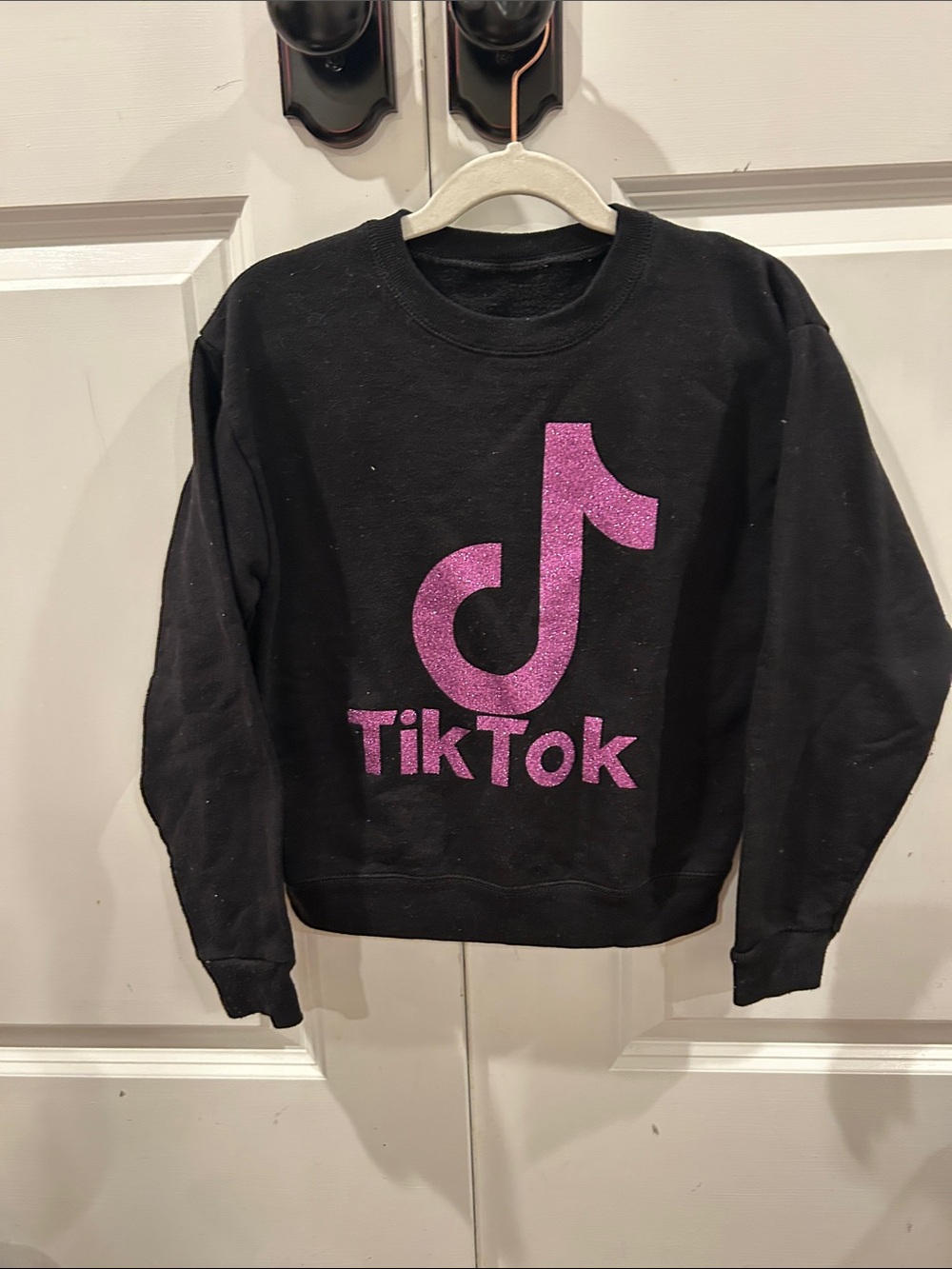 Logo Black Crewneck Sweatshirt with Pink Glitter Graphic